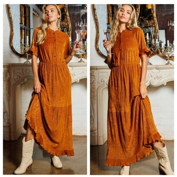 Rust-Toned Pleated Maxi Dress – Effortless Elegance for Any Occasion - Picture 2 of 4